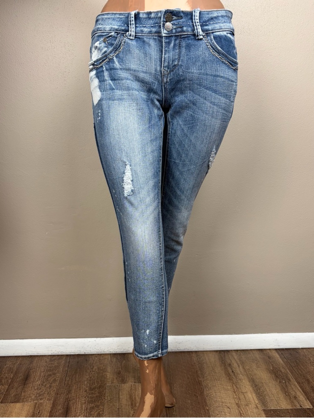 Vanilla Star Y2K Low Rise Skinny Jeans 5 Distress Paint Splatter V5409-645 EUC
